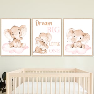 Bebé niñas vivero dormitorio decoración elefante pared arte imprimible citas cartel niño conjunto de 3 sueño grande pequeño niño digital rosa beige familia
