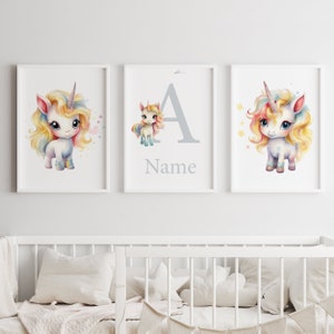 Unicorn Wall Art Decor Girl Nursery Prints Personalised Name Custom Baby Name Kids bedroom posters set of 3 Canvas Printable Digital gifts