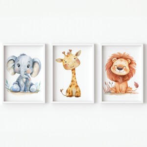 Póster de safari con estampado de animales de la jungla, decoración de pared para guardería de niña, niño y niño, juego de 3 unidades de zoológico neutro, jirafa, elefante, león, digital