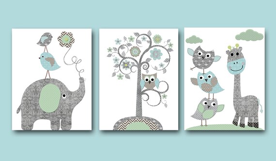 Owl Decor Baby Nursery Decor Baby Boy Nursery Art Nursery Wall Art Kids Room Decor Kids Art Elephant Nursery Set Of 3 Owl Blue Gray