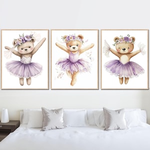 Lámina artística de oso bailarina para niña, color morado, decoración de pared para guardería, dormitorio infantil, animales bailando en el bosque, juego de 3 pósteres digitales para niños, sala de juegos