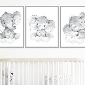 Elephant Wall Decoration Baby Boy Nursery Art Prints set of 3 for Kids Room Children posters Neutral Theme Printable digital gray image 2