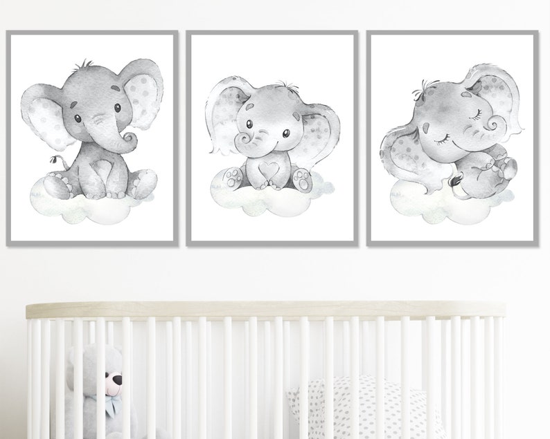 May include: Three watercolor illustrations of gray elephants with white spots on a white background. Each elephant is sitting on a white cloud. The elephants are in different poses, one is sitting up, one is looking to the side, and one is sleeping.