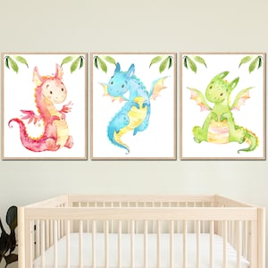 Immagini di draghi per bambini, sala giochi, decorazione da parete per bambini, arte stampabile, set di 3 poster per bambini, acquerello, tela, regalo digitale per bambini piccoli