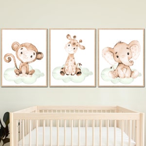 Poster neutro per l'asilo nido Safari Jungle Animals Stampa Baby Boy Girl Room Decorazione murale Set per bambini di 3 Giraffa elefante scimmia Tela beige digitale