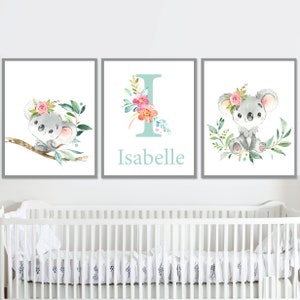 Koala decoração do quarto do bebê menina berçário arte da parede impressão crianças cartaz personalizado primeiro nome sinal animal australiano conjunto de 3 carta nascimento presente inicial