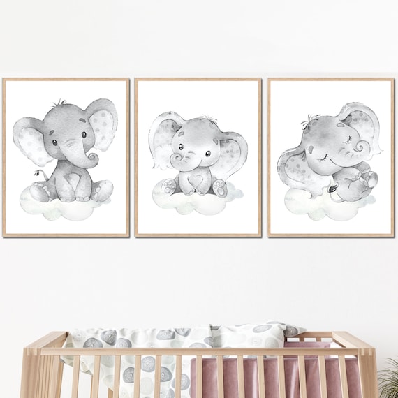 Elephant Wall Decoration Baby Boy Nursery Art Prints set of 3 for Kids Room Children posters Neutral Theme Printable digital gray