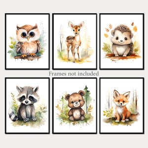 Stampe murali per bambini della foresta, animali del bosco, arte, decorazioni per la cameretta dei bambini, immagini di bambine, set di 6 stampe digitali, volpe, orso, gufo, volpe, caro
