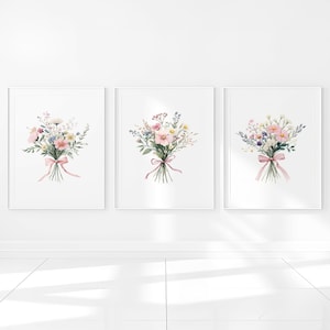Arte per la cameretta dei bambini con fiori di campo, stampabile, decorazione floreale per la camera da letto delle bambine, poster botanico, set di 3 bouquet, tela digitale, piccolo regalo per la casa