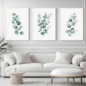 Impresiones de arte de pared de eucalipto, carteles de hojas tropicales de acuarela, decoración botánica para sala de estar, conjunto de 3 imágenes digitales de vegetación, plantas colgantes