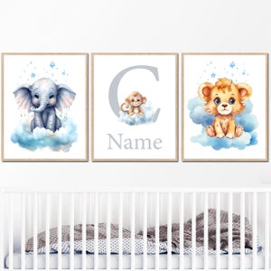 Nome personalizzato per bambino, stampabile, poster neutro per la cameretta dei bambini, decorazione da parete iniziale, set da camera da letto per bambini, elefante, leone, scimmia
