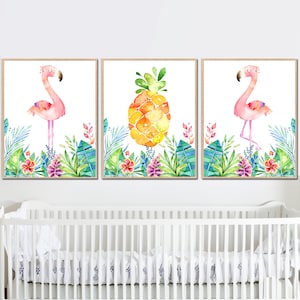 Arte de pared imprimible de flamencos, decoración de habitación infantil, póster de guardería tropical para niña, ilustración digital para niños, juego de 3 lienzos con piñas para sala de juegos