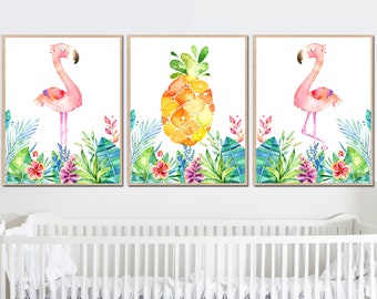 Flamingo Printable Wall Art Child Room Decor Tropical Baby Girl Nursery Poster Kids Digital Illustration Canvas set of 3 playroom pineapple