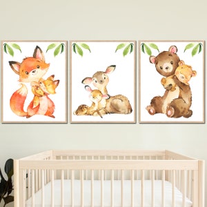 Woodland Baby Nursery Stampe d'arte Animali della foresta Decorazione della parete Sala giochi per bambini set di 3 bambini volpe lepre orso tela acquerello stampabile digitale