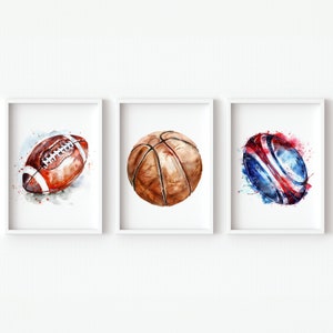 Sport Asilo Nido Bambini Ragazzi Camera Arte Stampabili Decorazioni da Parete per Bambini Calcio Baseball Rugby Pallone Set di 3 Poster per Bambini Regalo Digitale Sala Giochi