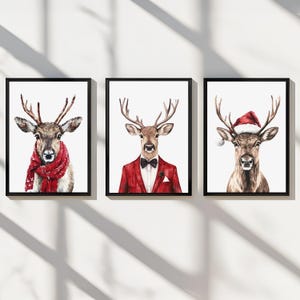 Decoração de parede de Natal, arte para impressão, rena, pôster para quarto de bebê, download digital, conjunto de 3 animais da floresta, imagem de casa, presente de natal para casa, feriado