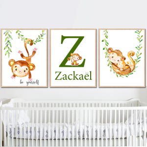Arte de pared para guardería de bebé mono, decoración para niño, nombre personalizado, imprimible, juego de 3 carteles de jungla, letras iniciales, regalo personalizado nuevo