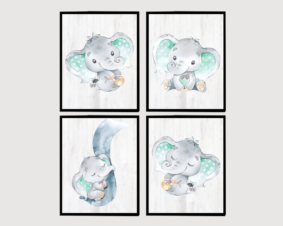 Mint Gray Baby Elephant Wall Print Neutral Gender Nursery Art - Etsy
