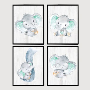 Stampa murale di elefantino grigio menta, genere neutro, arte per la cameretta dei bambini, set di 4 poster, immagini digitali stampabili /