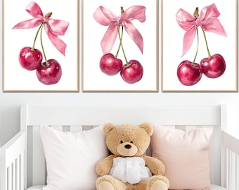 Cherry and Bow Wall Art for Girl’s Bedroom Pink Red Baby Nursery Decor 3 Piece Printable Set , Digital posters kids gift fruit pictures