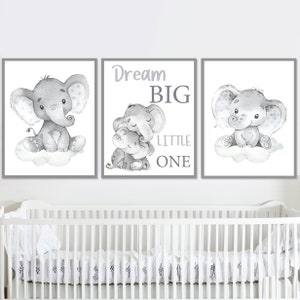 Decorazione murale per la cameretta dei bambini di genere neutro, set di 3 stampe artistiche con citazioni di elefantini, bambini, sogni grandi, piccoli, stampabili in digitale