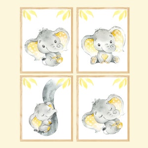 Stampa neutra per bambini, bambina, asilo nido, elefante, decorazione da parete, camera da letto per bambini, set di 4 immagini per bambini, grigio giallo, genere digitale /