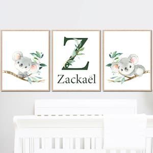 Cartel con nombre personalizado imprimible con letras iniciales de koala, decoración de pared para guardería infantil, dormitorio de bebé, niño y niña, juego de 3 imágenes digitales