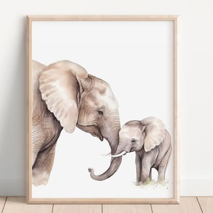 Safari Animals Babies Mother and Baby elephants Art Print Mom Girl Nursery Wall Decor Boy Kids Room instant download watercolor poster gift