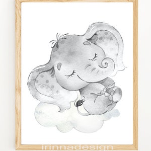 May include: A watercolor illustration of a gray elephant with its eyes closed, sleeping on a cloud. The elephant has a spotted pattern and a curled trunk. The illustration is in a simple, minimalist style.