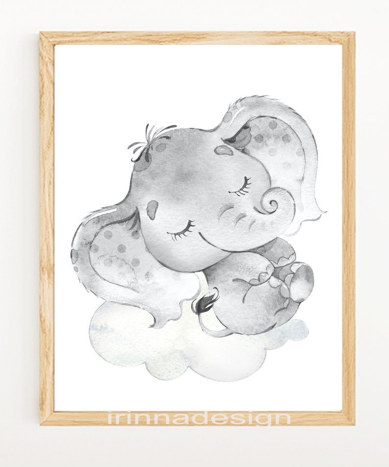 May include: A watercolor illustration of a gray elephant with its eyes closed, sleeping on a cloud. The elephant has a spotted pattern and a curled trunk. The illustration is in a simple, minimalist style.
