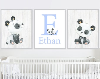 Baby Boy Nursery Art Prints Panda Posters Kids Room Wall Decor Personalized Letter Initial Name Digital animals set of 3 canvas