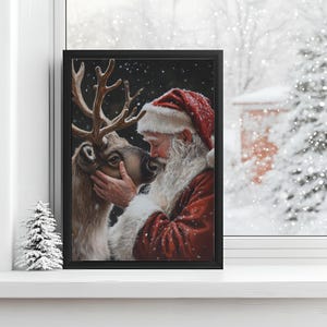 Papai Noel e Rena para Imprimir Arte de Parede de Casa de Natal Decoração de Casa Natal Imagem de Férias Pintura Digital de Quarto de Inverno Ideia de Presente