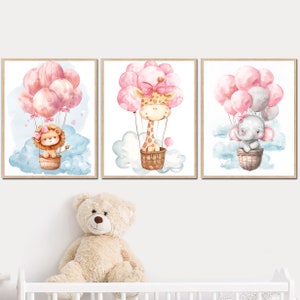Bebé Safari Animales globo aerostático Vivero Decoración de la pared Habitación infantil Arte Impresión Chica Carteles conjunto de 3 elefante jirafa león digital
