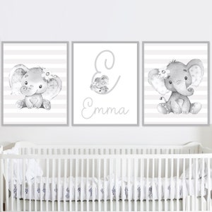 Nome personalizzato per bambina, stampabile, neutro, decorazione da parete per la cameretta dei bambini, elefante personalizzato, set di 3 tele grigie