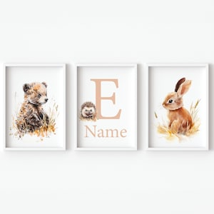 Stampa personalizzata per la cameretta dei bambini del bosco Nome personalizzato per bambini Ragazzo Ragazza Animale della foresta Decorazione da parete Camera da letto per bambini Set di 3 poster digitali orso coniglio