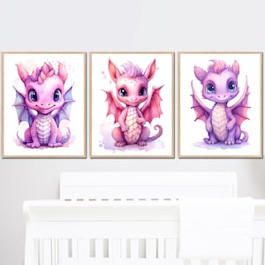 Décoration murale dragon pour chambre de bébé, impression de chambre de bébé, affiches d'art pour enfants, lot de 3 photos, aquarelle numérique, rose violet