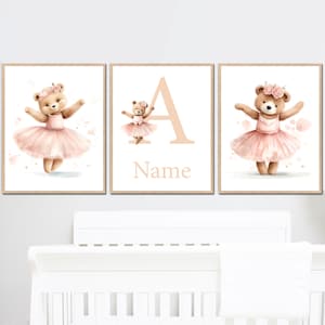 Ballerina Bear Art Print Baby Girl Nursery Wall Decor Kids Nombre personalizado Dormitorio personalizado Animales conjunto de 3 carteles infantiles imagen pastel