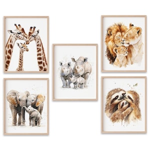 Safari Tier Babys Mutter und Baby Kunstdruck Dad Kinderzimmer Wand Dekor Zoo Mama 5er Set Giraffe Löwe Elefant Poster Bilder Digital Neutral