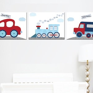 Decoración de pared con diseño de transporte para niños, póster para habitación de bebé, juego de 3 unidades, diseño de coche, tren, camión, lienzo, rojo, azul marino y gris