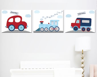 Transportation Childrens Wall Art Decor Baby Boy Nursery Print Kids Room child poster set of 3 Car Train Truck Canvas Red Navy Blue Gray