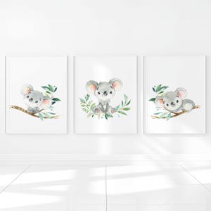 Australische Tiere Drucke Koala Baby Mädchen Kinderzimmer Wand Kunst Digital Printable Kinder Spielzimmer Dekor 3er Set Bilder Graues kleines Plakat