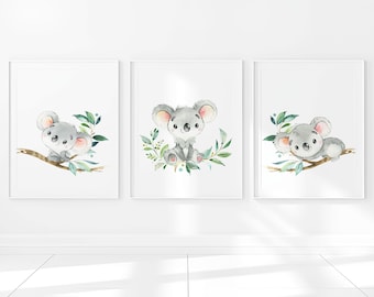Australian Animals Prints Koala Baby Girl Nursery Wall Art Digital Printable Kids Playroom Decor set of 3 pictures Gray little poster