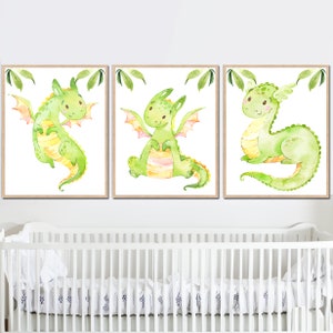 Drachen Wand Kunst Print Baby Junge Kinderzimmer Dekoration Kinder Spielzimmer 3er Set Kind Poster Bilder Digital Aquarell grün Kinderbilder Kleinkind