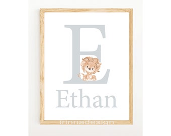 Letrero con nombre de bebé personalizado, impresiones artísticas con iniciales, género personalizado, niño y niña, decoración infantil, gris y beige, regalo digital nuevo