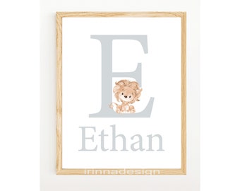 Custom Baby First Name Sign Art Initial Prints Personalized Gender Nautral Boy Girl Nursery Decor Child Kids Gray beige