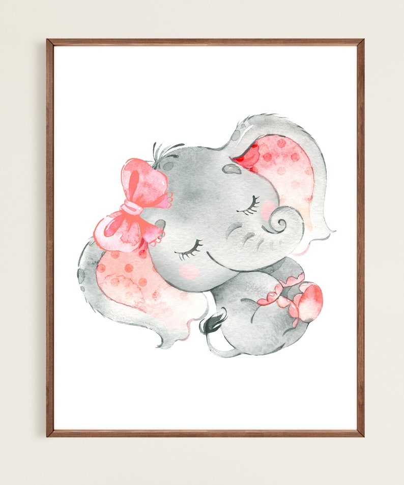 Girl Elephant Posters Baby Wall Decoration Nursery Art Prints Pictures set of 3 Kids room Printable digital Pink Gray image 5