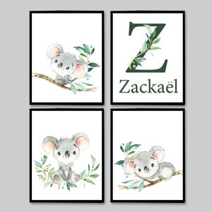 Koala bebé niño dormitorio decoración niña vivero pared arte impresiones carta personalizada inicial niños niños animales australianos conjunto de 4 digitales