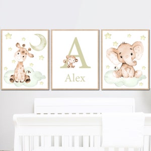 Decorazione per cameretta neutra per neonati, personalizzata con nome, bambina, bambino, stampe artistiche da parete, animali da safari, giungla, beige, pastello, set da 3