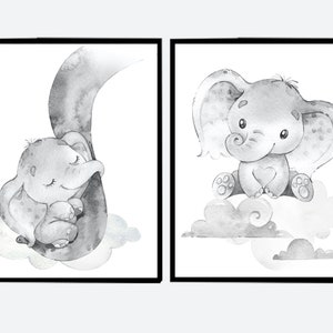 Arte murale neutra per la cameretta dei bambini, stampabile, con elefantino, decorazione per la cameretta dei bambini, set di 2 animali per bambini, genere bambino, grigio, grigio digitale, immagine per bambini piccoli