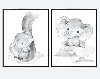 Neutral Nursery Wall Art Baby Elephant Print Kids Room Decor Children Animals set of 2 Boy Girl Gender Digital grey gray